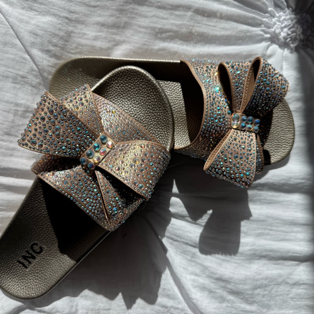INC International Concepts Jeweled Bow Slide Sandals in Beige